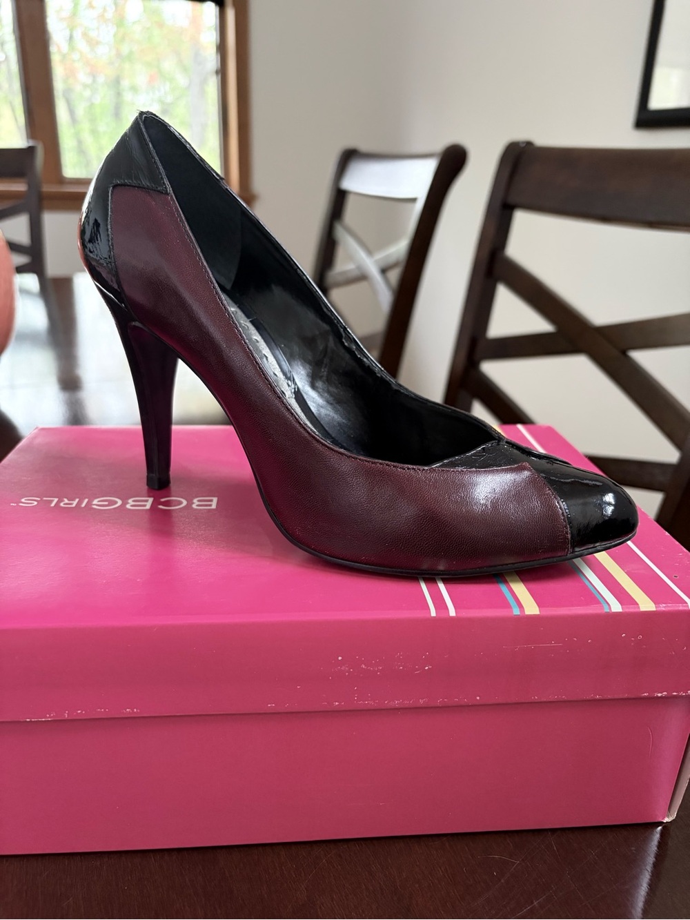 BCBGeneration Burgundy and Black Leather Pointed-Toe Stiletto Pump